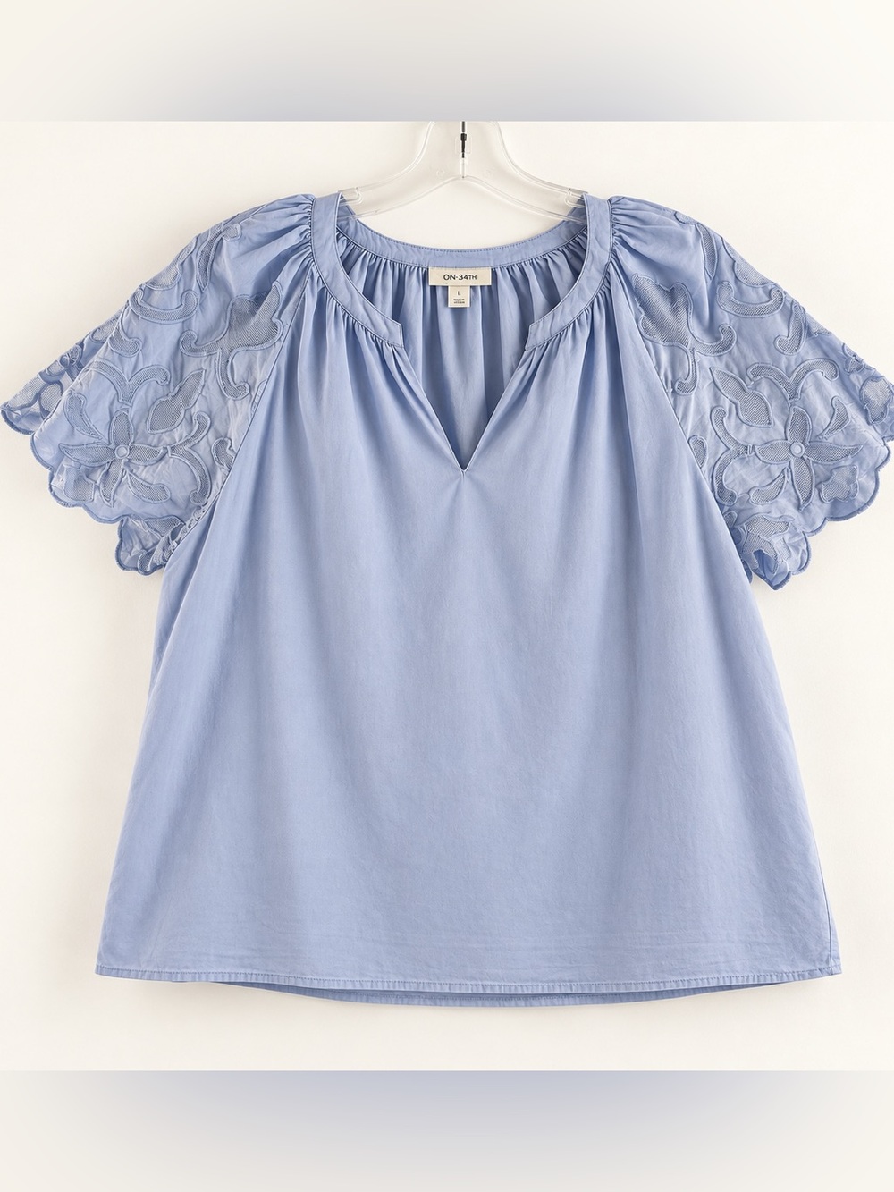 On 34th Women’s Large Blue Embroidered Cutwork Flutter Sleeve Blouse